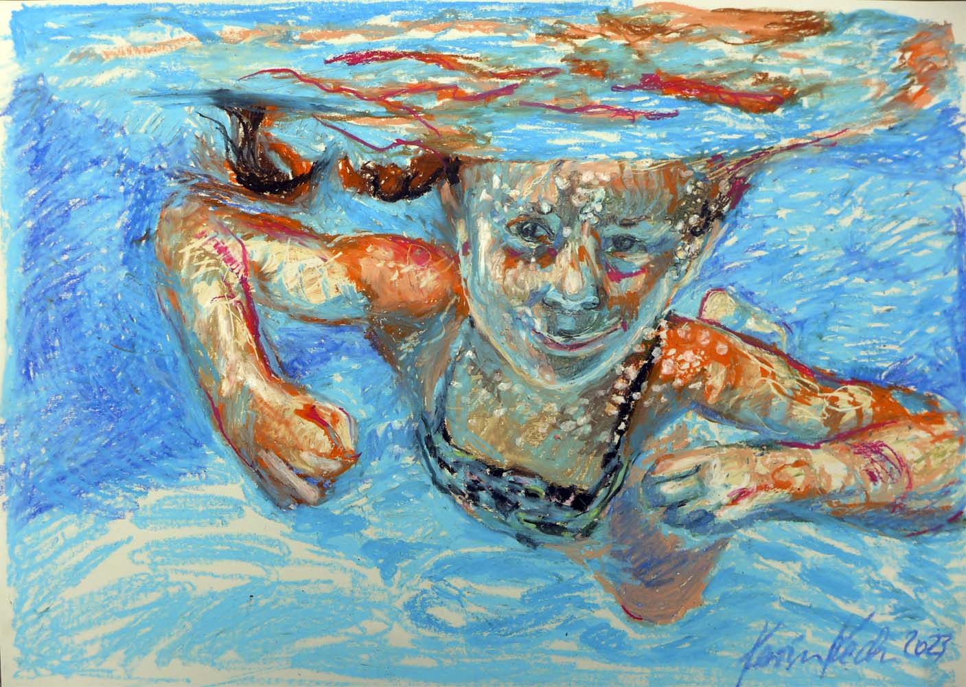 Schwimmendes Mädchen, Pastell auf Karton, 59 x 42 cm